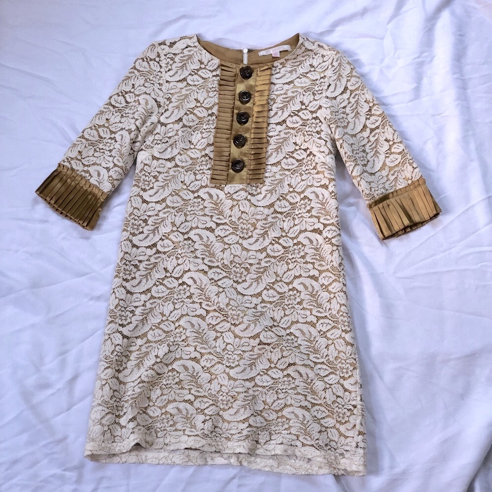 Gold and Lace Half-Sleeve Mini Dress, Size S